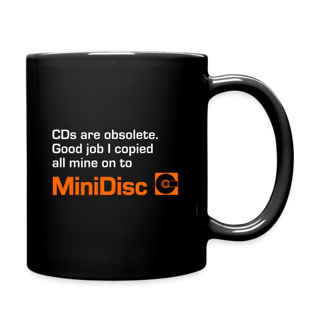 A picture of a mug with a funny slogan on it relating to MiniDiscs