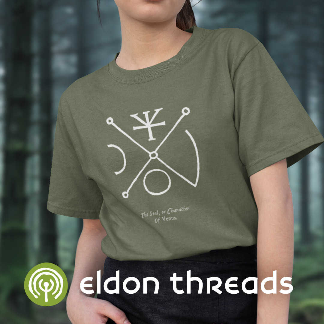 Promotional image for Eldon Threads T Shirts. A girl wearing a tshirt with an unusual occult symbol