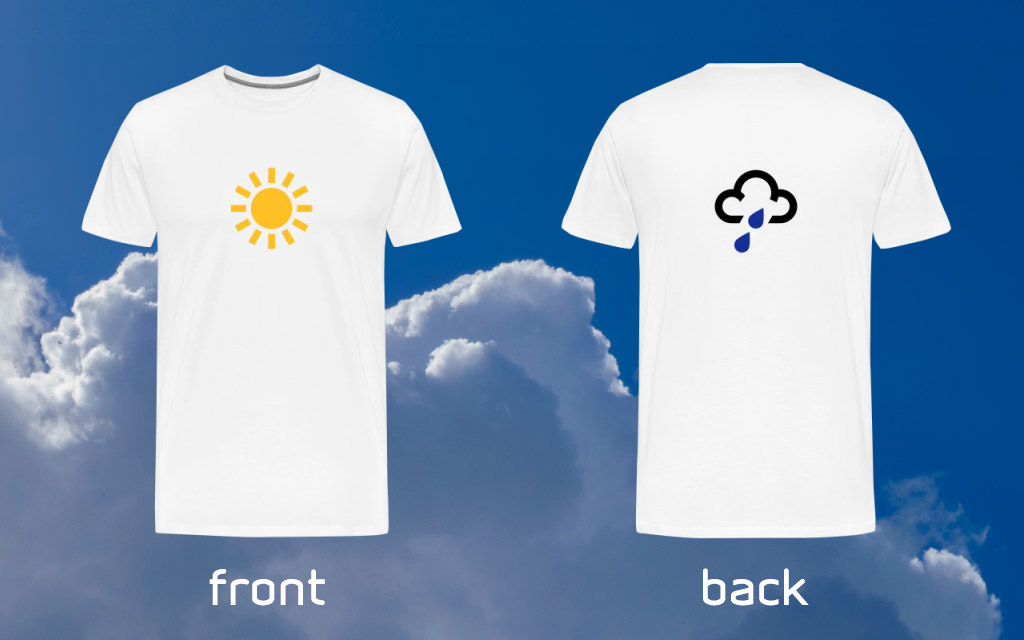 Great British Summer tshirt with a sun weather symbol on the front and a heavy rain symbol on the back