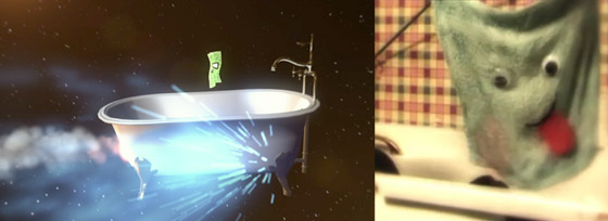 (left) New Flannel Alan comes under attack in his space-bath. (right) The original Flannel Alan