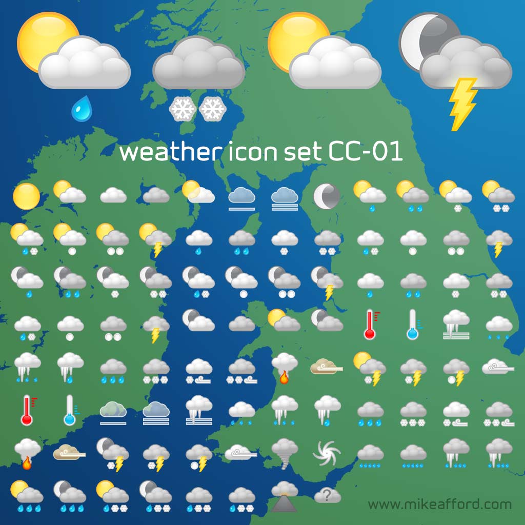 weather icon set CC-01 - this is a low resolution preview image showing the complete set of weather symbols
