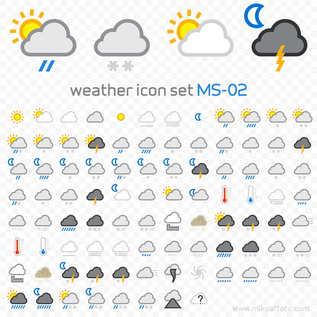 weather icon set MS-02 - this is a low resolution preview image showing the complete set of weather symbols