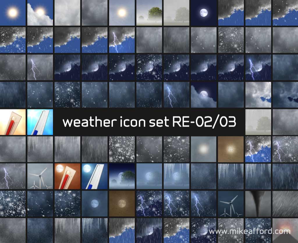 weather icon set RE-02 - this is a low resolution (static) preview image showing the complete set of weather symbols